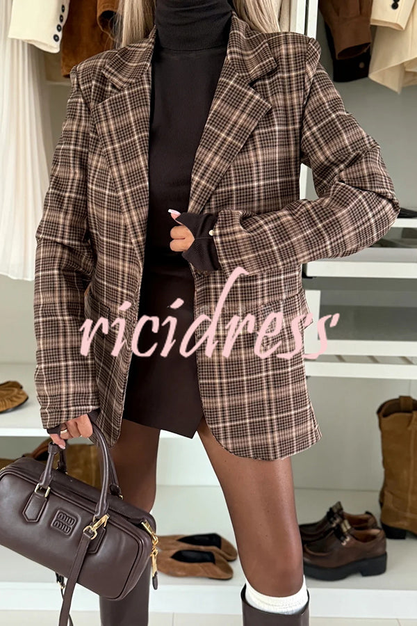 Classic Modern Plaid One Button Long Sleeve Flap Pocket Lapel Blazer