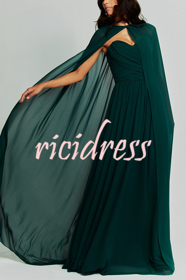 Romantic Party Chiffon Off Shoulder Sweetheart Neck Ruched Cape Maxi Dress