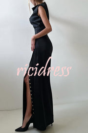 Solid Color Casual Sleeveless Crop Top and Elegant Button-down Maxi Skirt Set