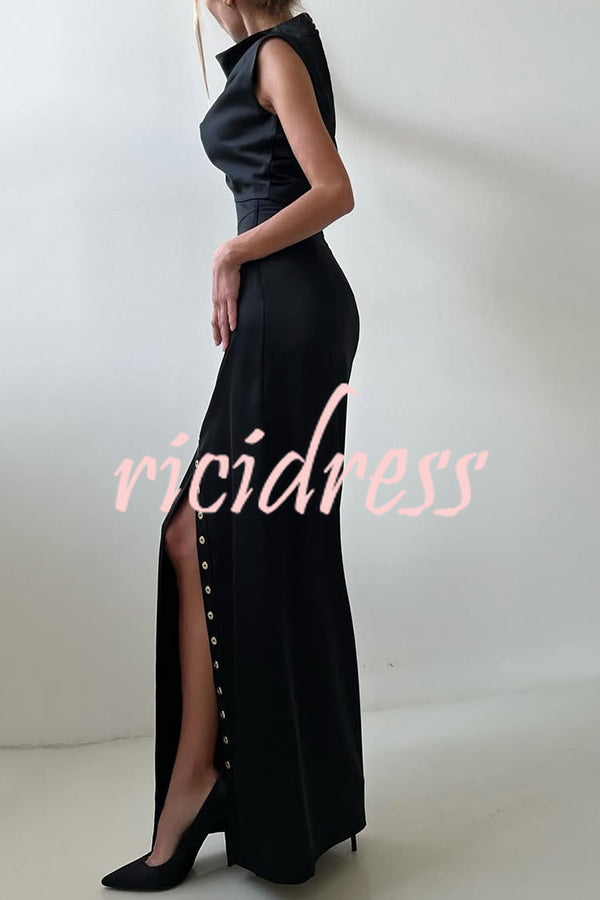 Solid Color Casual Sleeveless Crop Top and Elegant Button-down Maxi Skirt Set