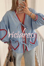 Lovely Plaid Heart Pattern Casual Lace-up Pocket Loose Shirt