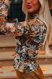 Floral Print Long Sleeve Turtleneck Casual Slim Fit Top