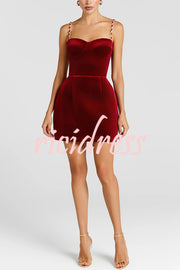 Harley Luxurious Velvet Fabric Jewel-embellished Shoulder Straps Pocket Tulip Mini Dress