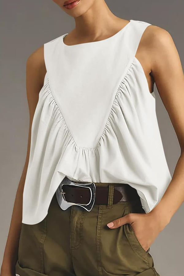 Solid Color Round Neck Sleeveless Pleated Loose Vest