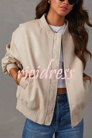 Solid Color Long Sleeve Loose Pocket Leather Jacket