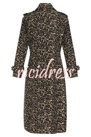 Leopard Affair Animal Print Epaulettes Long Sleeve Pocketed Lapel Midi Trench Coat