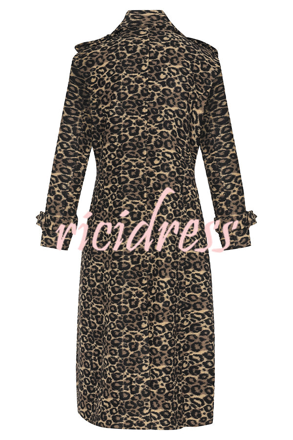 Leopard Affair Animal Print Epaulettes Long Sleeve Pocketed Lapel Midi Trench Coat