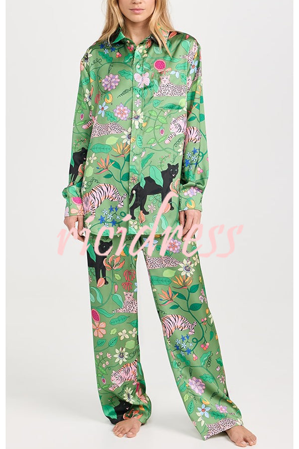 Quiet Jungle Satin Unique Print Long Sleeve Shirt and Elastic Waist Pocket Lounge Pants Set