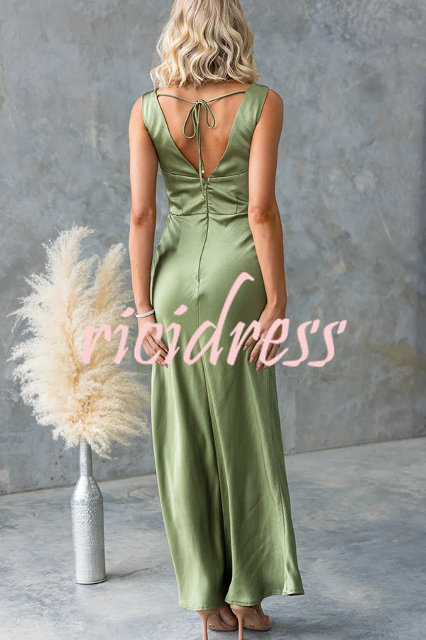 Chic Muse Satin Solid Color Cowl Neck Back Tie-up Maxi Dress