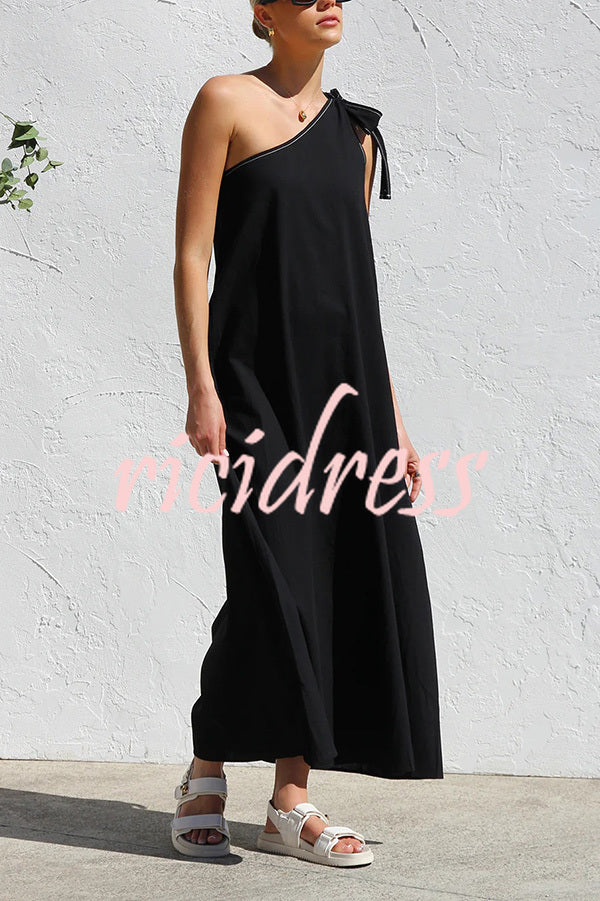 Solid Color One-shoulder Strappy Elegant Sloping Collar Loose Maxi Dress