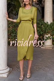 Satin Solid Color Round Neck Half Sleeve Waist Midi Dress