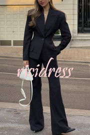 Solid Color Long-sleeved Single-button Blazer and Pocket Casual Flared Pants Set