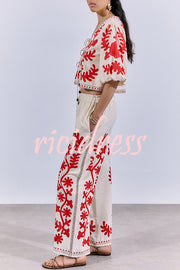 Till Sunset Linen Blend Unique Print Lace-up Puff Sleeve Shirt