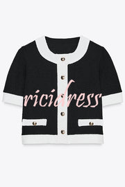 Fashionable Contrast Color Short-sleeved Button-down Top