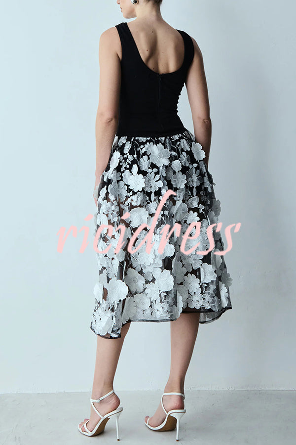 Nalie Knit and 3D Embroidery Floral Lace Hem Back Zipper Midi Dress