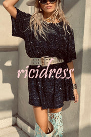 Night Moves Sequin Fabric Short Sleeve Backless H-line Mini Dress