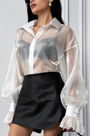 Fashion Lapel Long Sleeve Ruffled See-through Casual Shirt