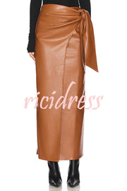 Snappy Casual Slay Faux Leather High Rise Wrap Tie-up Stretch Maxi Skirt