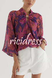 Essentials Printed Gold Cutout Collar Balloon Sleeve Blouse