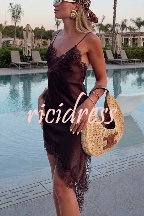 Elouise Satin Lace Trim V-neck Asymmetrical Hem Slip Mini Dress