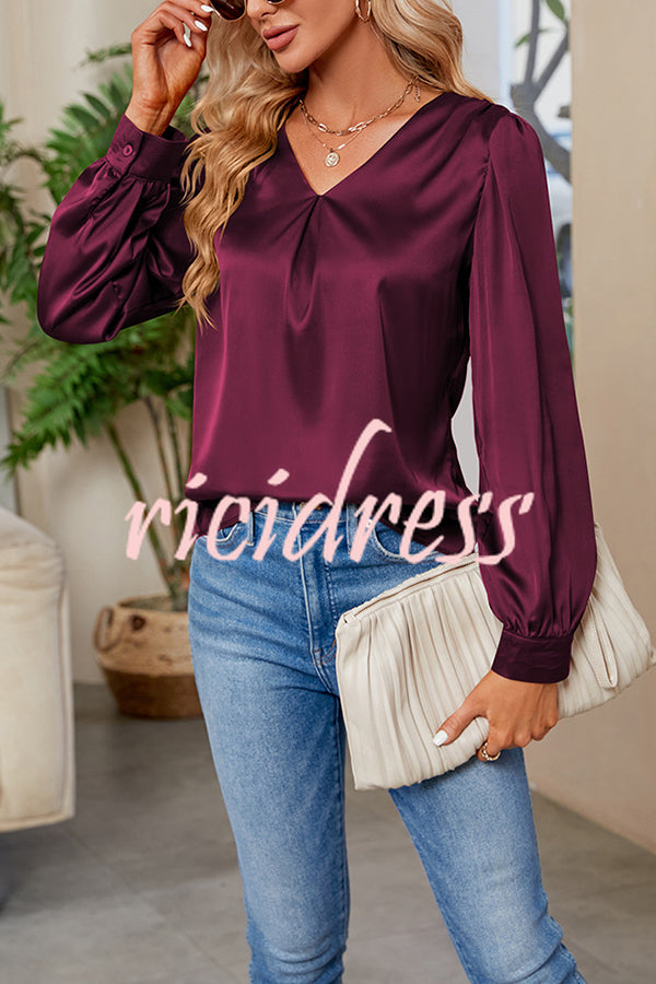 Satin Pleated V-neck Long-sleeved Loose Shirt