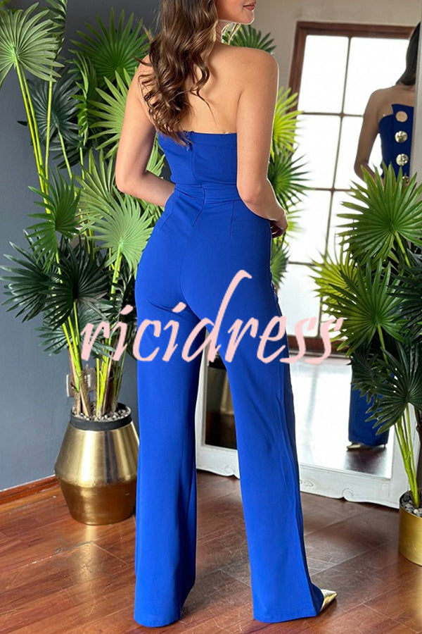 Solid Color Sexy Tube Top Gold Button Embellished Bootcut Jumpsuit