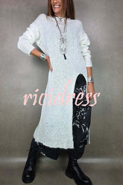 Solid Color Knitted Long-sleeved Casual Slit Midi Dress