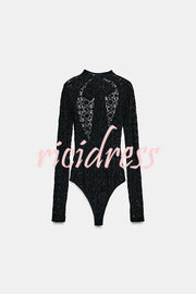 Anna Semi-sheer Lace Long Sleeve Back Bow Tie-up Cutout Stretch Bodysuit