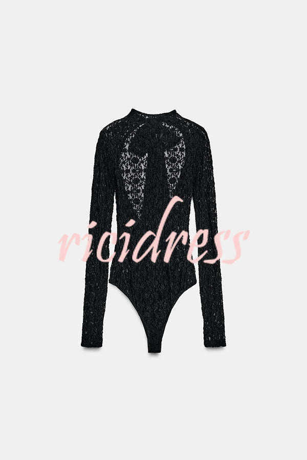 Anna Semi-sheer Lace Long Sleeve Back Bow Tie-up Cutout Stretch Bodysuit