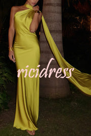 Crush on You Satin One Shoulder Backless Cape Maxi Dress