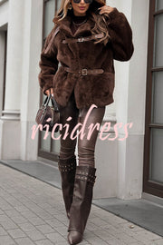 Chill Whispers Belt Buckle Design Long Sleeve Pocket Lapel Plush Coat
