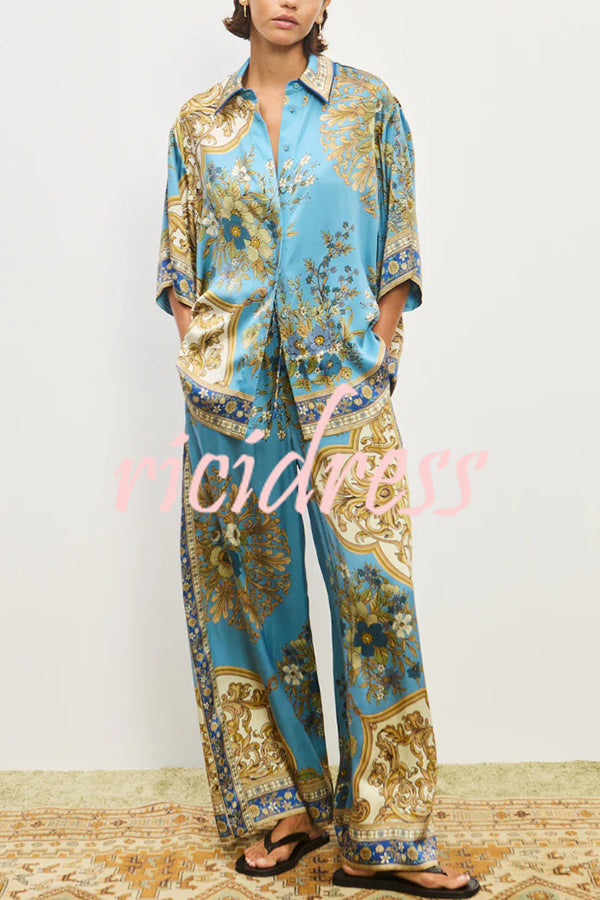 Satin Floral Print Loose Shirt and Elastic Waist Pocket Casual Wide-leg Pants