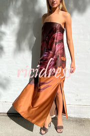 Drawing Inspiration Satin Floral Print Off Shoulder A-line Slit Maxi Dress