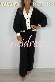 Fashion Contrast Color V-neck Loose Cardigan and Elastic Waist Casual Pants Set