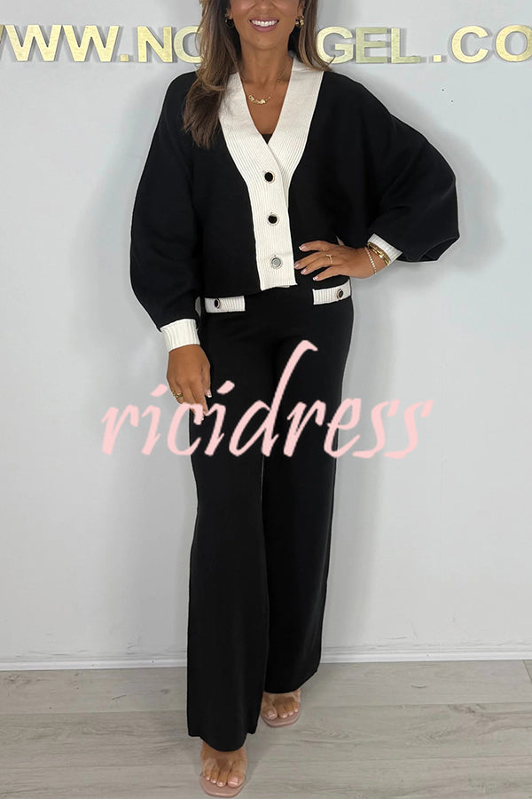 Fashion Contrast Color V-neck Loose Cardigan and Elastic Waist Casual Pants Set