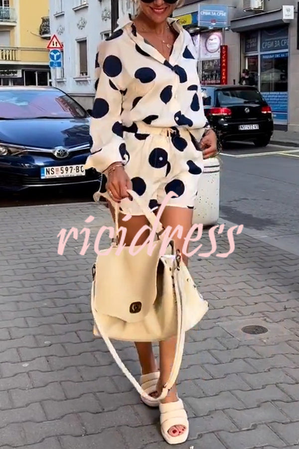 Giselle Linen Blend Polka Dot Print Lapel Long Sleeve Shirt and Elastic Waist Pocket Shorts Set