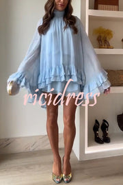 Solid Color Chiffon Trumpet Sleeve Loose Mini Dress