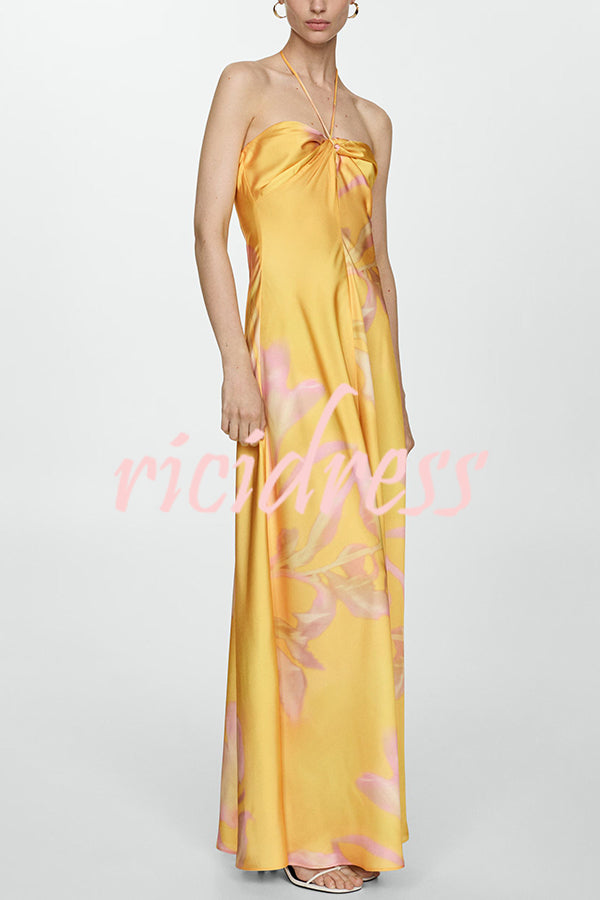 Catalina Island Satin Floral Print Twist Bust Halter Maxi Dress