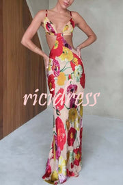 Hawaiian Dreams Satin Floral Print Cutout Backless Maxi Dress