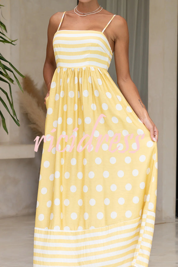 Striped Polka-dot Print Sling Pleated Open-back Maxi Dress