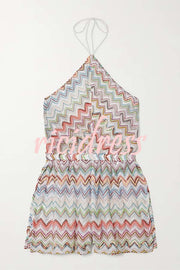 Juney Knit Colorful Zigzag Pattern Halter Neck Slit Wide Leg Loose Romper