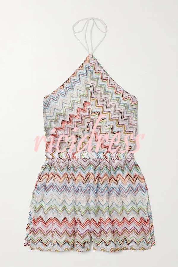 Juney Knit Colorful Zigzag Pattern Halter Neck Slit Wide Leg Loose Romper