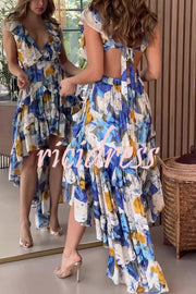 Boho Floral Print Sexy V-neck Backless Resort Maxi Dress