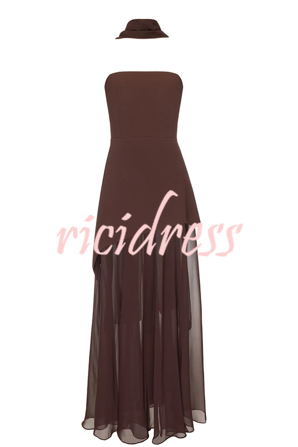 Monaco Off Shoulder Structured Top Chiffon Slit Hem Scarf Maxi Dress