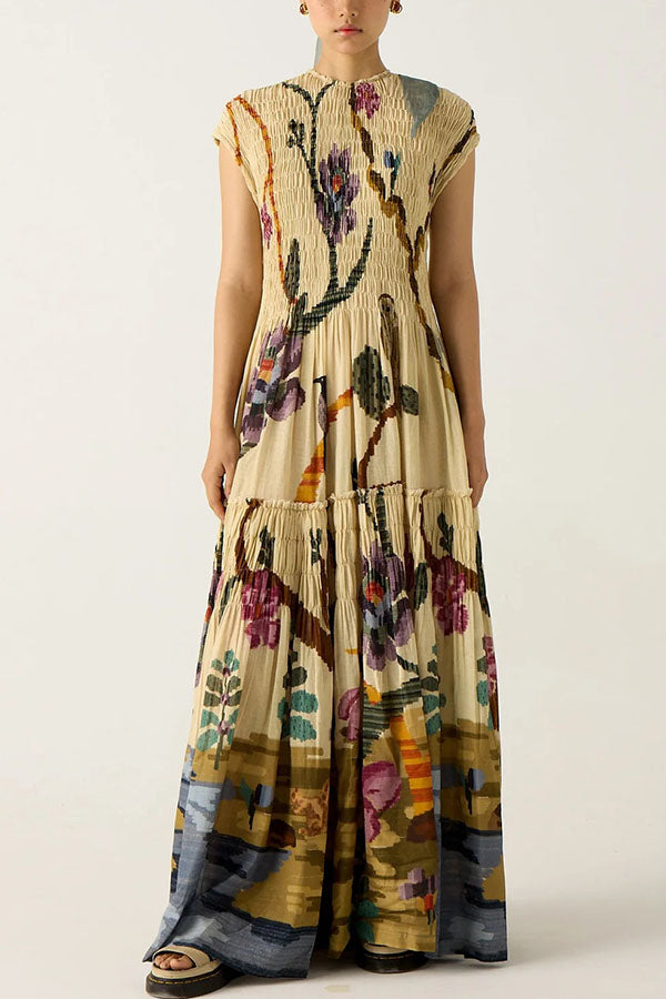 Relaxed and Playful Unique Print Smocked Short Sleeve Flare Maxi Dress