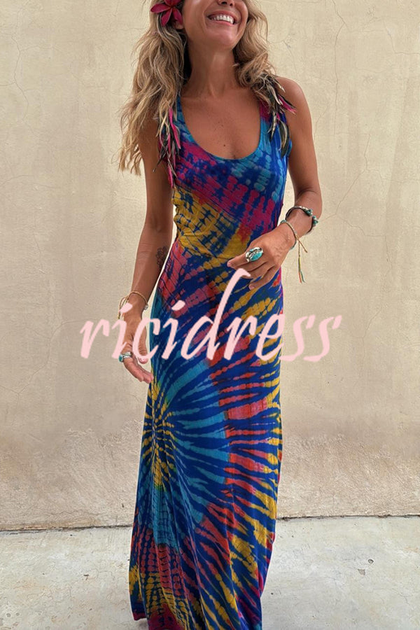 Coastal Crush Tie-dye Print Back Lace-up Stretch Maxi Dress