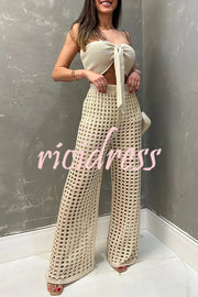 Riley Knit Front Knotted Bandeau and Stretch Hollow Out Wide Leg Pants Set