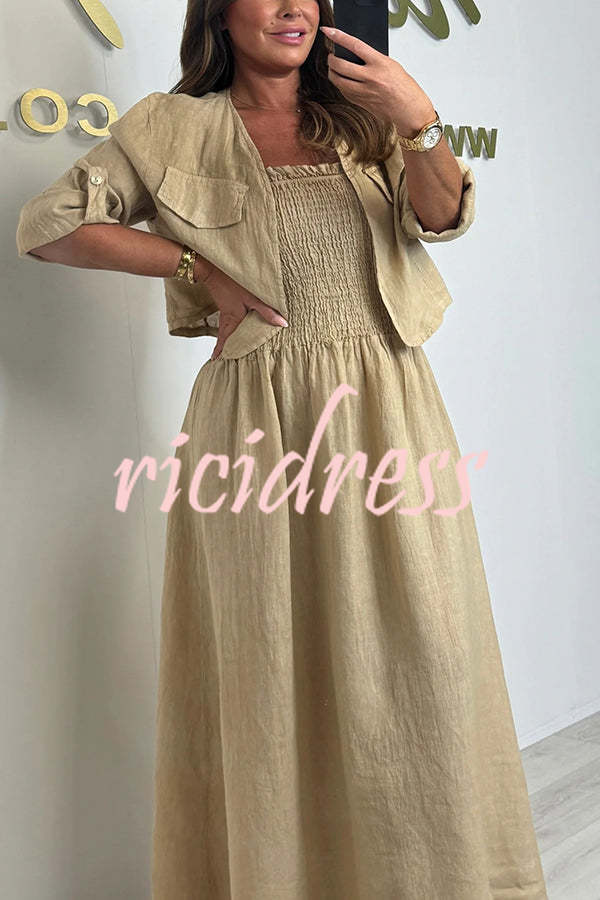 Solid Color Casual Short Jacket and Suspender Pleated Maxi Dress Set