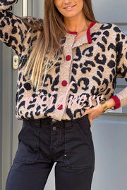 Leopard Print Crew Neck Long-sleeved Loose Knit Cardigan
