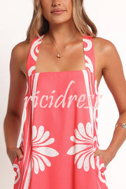 Unique Print Square Neck Open Back Tie Bow Holiday Maxi Dress